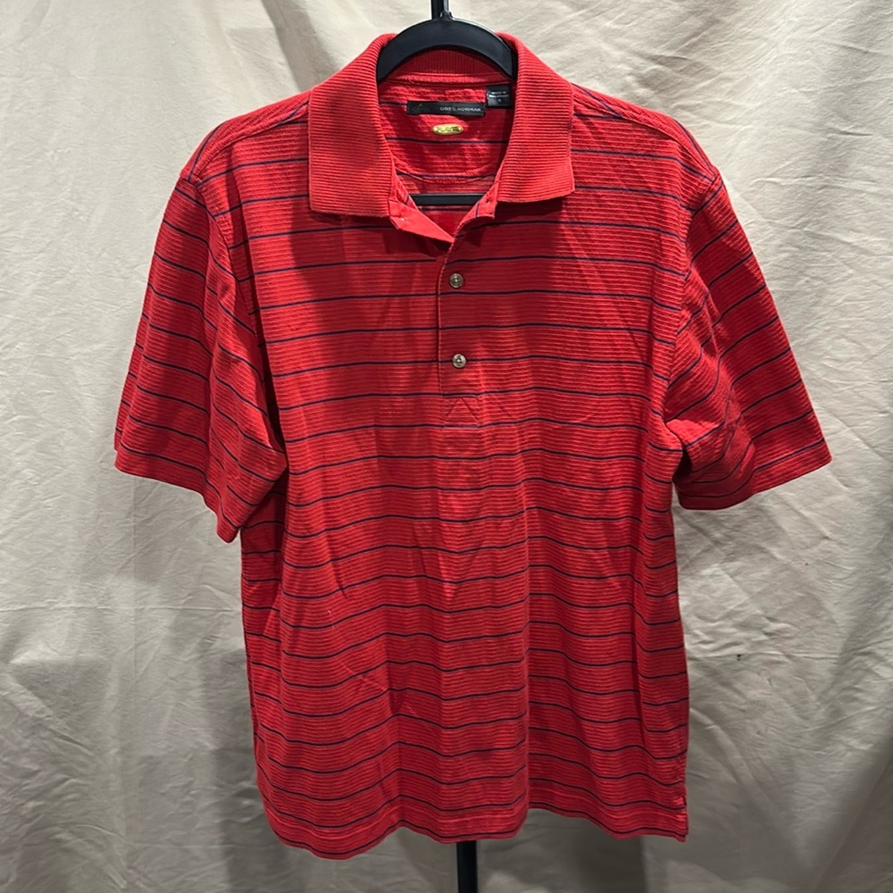 Greg Norman play Dry red with blue striped golf polo size S